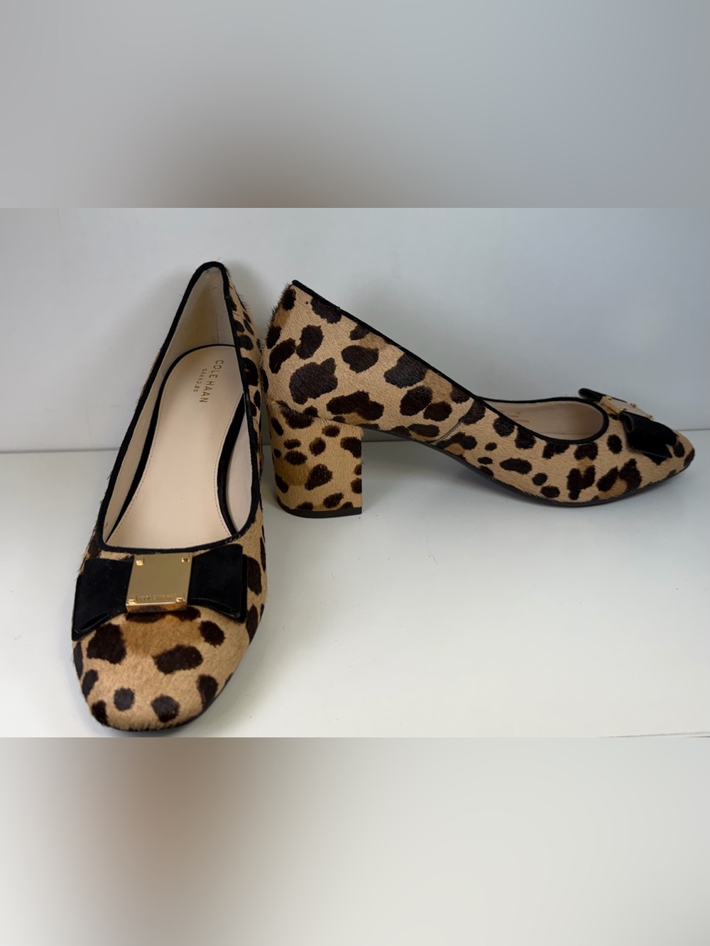 Cole Haan Leopard Print Block Heel Pumps with Black Suede Bow
